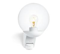 Steinel L 595 S Lampada da esterno con sensore di movimento: lampada da parete per esterni in bianco con sfera di cristallo, illuminazione per terrazza e ingresso
