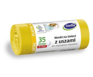 STELLA 032204 - Sacchetti della spazzatura con manici per separazione in metallo, plastica e plastica, 35 l, 20 pezzi, per la spazzatura domestica, ufficio, in spessa pellicola di regolranulato LDPE,