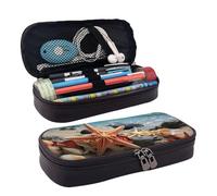 Stella marina e corallo sulla spiaggia stampa pelle Flap Cosmetic Case, Cosmetic Bag, Zipper Storage Bag, Leather Flap Stationery Bag, Nero, Taglia unica, Nero , Taglia unica