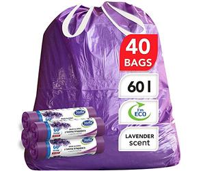 Stella Pack Sacchi Immondizia Profumati Lavanda Grandi Ecologici Resistenti 60l con Coulisse per Casa Ufficio Cucina Scuola Sacchetti Viola Robusti e Impermeabili Pratici e Sostenibili