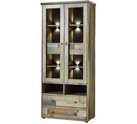 Stella Trading, Bonanza, Vetrina stile vintage in vetro, effetto legno driftwood, espressiva vetrina rétro con illuminazione a LED, 83 x 188 x 39 cm (larghezza x altezza x profondità)