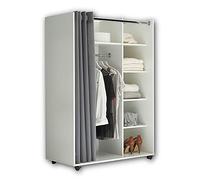 Stella Trading JENKE, Armadio appendiabiti a rotelle, bianco con tenda in tessuto, versatile armadio multiuso con intelligente suddivisione interna degli spazi, 100 x 145 x 50 cm (L x A x P)