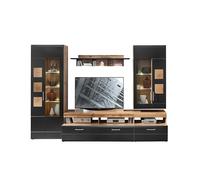 Stella Trading, Sonate, Parete attrezzata, set completo per soggiorno, effetto rovere di recupero, Contemporaneo, nero, con luci LED, 330 x 208 x 52 cm