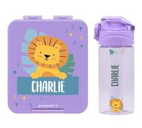 Stellasticker - Set con borraccia personalizzabile per bambini e porta poranzo/merenda personalizzato per bambini in plastica - Borraccia con cannuccia capacità 450 ml - Senza BPA (Lavanda)