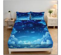 Stelle Nuvole Lenzuolo Con Angoli 150x200x30 cm, Cielo Stellato Da Sogno Lenzuolo Coprimaterasso Traspirante Confortevole Lenzuola Sotto Profondità 30cm per King, Blu Scuro