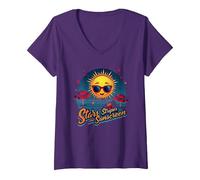 Stelle, Strisce e Crema Solare Maglietta con Collo a V, Donna, Viola, L