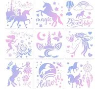 Stencil Bambini per Pittura - Set da 9 Pezzi 20x20 cm Fate e Unicorni - Sagome Creative per Bambini - Plastica Riutilizzabile Sagoma da Disegno Fai da te Artigianato, Carta, Pareti, Legno, Tessuto