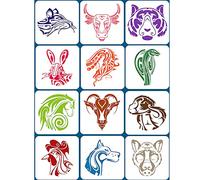 Stencil in plastica per bambini, 12 stencil riutilizzabili per pittura, stencil per zodiaco cinese, ratto, bue, tigre, coniglio, drago, serpente, cavallo, pecore, scimmia, gallo, cane, maiale
