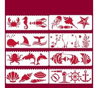 Stencil per dipingere sulle pareti, 8 pezzi, 17 x 6 cm, motivo: animali marini, oceano, pesce, riutilizzabili, per disegnare e dipingere, per decorare la casa
