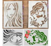 Stencil per la creazione di biglietti, 2 pezzi, formato A4, 29 x 21 cm, capelli lunghi, alla moda, per dipingere su legno, pareti, mobili, tela, tessuto, album di ritagli, carta e decorazioni