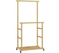 Stender Appendiabiti con 2 Barre 80x40x160 cm Ripiano Inferiore e 4 Ruote in Bambù Colore Legno Naturale