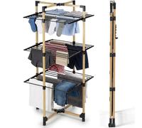 Stendibiancheria a Torre Verticale a 3 Livelli 69x69x136 cm Pieghevole con Ruote Nero e Legno