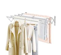 Stendibiancheria da Parete Estensibile, Stendino da Muro a Scomparsa, Stendipanni Allungabile Richiudibile con 7 Asticelle Acciaio Inossidabile per Balcone Bagn Esterno (43-80), Argento