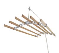 Monster Shop - Stendibiancheria da Soffitto con 6 Stecche di Legno 200cm e Supporti in Ghisa Bianchi per Asciugare Vestiti, Indumenti e Biancheria