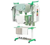 Stendino a Torre con Piedi Antiribaltamento - Stendibiancheria Pieghevole in Metallo, Ali Modulari e Richiudibili, Ruote Pivotanti, 18 m di Stenditura, Portata 25 kg - Ideale Per Famiglie, Verde