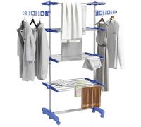 Stendino a Torre con Piedi Antiribaltamento - Stendibiancheria Pieghevole in Metallo, Ali Modulari e Richiudibili, Ruote Pivotanti, 18 m di Stenditura, Portata 25 kg, 142x55x172 cm Blu/Argento