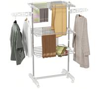 Stendino Verticale in Acciaio e Plastica, Stendibiancheria Pieghevole con 6 Ruote e 3 Ripiani Regolabili, 142x55x172 cm, Bianco e Argento Description:Questo Stendibiancheria HOMCOM è la scelta perfett