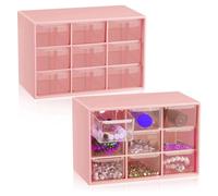 Steowsey 2 piccoli organizer per cassetti, 9 cassetti, mini organizer per cassetti, con cassetti trasparenti, scatola portaoggetti da scrivania (rosa)