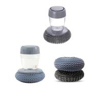 Steowsey Spazzola dispenser di sapone per lavello da cucina, pentola, forno, piatti, scrubber con supporto a pressione per liquidi con aggiunta di filo di PET spazzola a sfera facile da usare