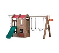 Step2 Naturally Playfull Adventure Lodge Parco giochi con scivolo, altalene, scala di corda e canestro da basket | XXL Parco giochi / casa di gioco in plastica per bambini