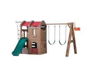 Step2 Naturally Playfull Adventure Lodge Parco giochi con scivolo, altalene, scala di corda e canestro da basket | XXL Parco giochi / casa di gioco in plastica per bambini