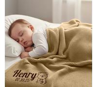Stepdiy Coperta personalizzata con nome ricamato per neonato, 100% cotone, 80x100 cm, baby shower e primo Natale (Cammello)