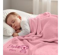 Stepdiy Coperta personalizzata con nome ricamato per neonato, 100% cotone, 80x100 cm, baby shower e primo Natale (Rosa)