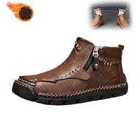 Stepthetop Motorcycle Boots Men, Hand-Stitched Genuine Leather Boots-Wide Toe Waterproof and Anti-Slip Suitable for Work, Hiking (dark brown velvet,45)