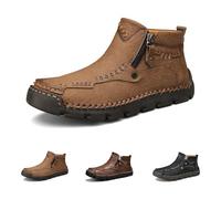 Stepthetop Motorcycle Boots, Men's Casual Leather Shoes, Hand Stitched Mid-Top Loafers, Anti-Slip, for Work, Driving (Khaki(Fleece-Lined),7)