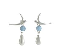 Stereoscopici orecchini a lambire a forma di rondine in argento spazzolato, con pendenti auricolari pendenti con perline rotonde blu, per le signore che seguono uno stile artistico delicato