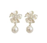 Stereoscopici Orecchini a longuetta con fiori a forma di perla a forma di fiore a cinque petali, con zirconi, ornamenti per l'orecchio a goccia intarsiati per le donne che seguono un morbido temperame
