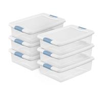 Sterilite 14958006 - Scatola con chiusura a scatto da 24 l, con base trasparente, coperchio bianco e chiusure colorate, confezione da 6