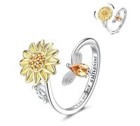 Sterling Silver Fidget Rings for Women Adjustable Open Band Ring Cubic Zirconia Sunflower Ring You are My Sunshine Spinner Ring Gift for Women or Your Love