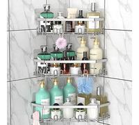 STEUGO Corner Shower Caddy, Shower Organizer Angolo Doccia Mensola con 12 Ganci, 3-Pack Mensole doccia adesive in acciaio inox per la conservazione del bagno, No Drilling Wall Rack doccia (argento)