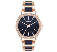 Steve Madden Orologio da donna con cinturino in vero cristallo, Blu navy/Oro rosa