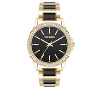 Steve Madden Orologio da donna con cinturino in vero cristallo, Nero/Oro