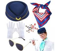 Stewardess - Costume da donna Stewardess | assistente di volo occhiali da sole guanti aereo distintivo berretto berretto blu rosso bianco a righe sciarpa per mascherata