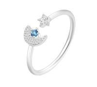 Stfery Anello aperto da donna in oro bianco 9K/14K con luna e stella, in vero oro, zaffiro creato in laboratorio, 9.5, Oro bianco, Zaffiro creato in laboratorio