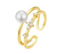 Stfery Anello aperto in oro giallo 9K/14K a doppia fascia, anello aperto in vero oro con perla e moissanite, anello di promessa da donna, 10, Oro giallo 9 carati, Perla