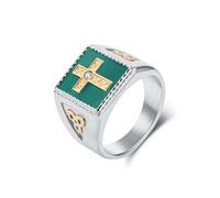 Stfery Anello Chevalier Quadrato Uomo Acciaio Inossidabile Croce Vichingo, Anello Argento Oro Fascia con Smalto Verde Nodo Celtico 16MM Taglia 17