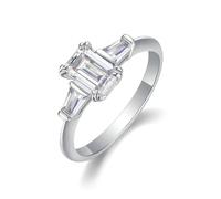 Stfery Anello con tre pietre, in oro bianco 9 carati, da donna, rettangolare, con moissanite, anello di fidanzamento personalizzato, 10.5, Metallo, Moissanite