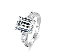 Stfery Anello da cocktail in oro bianco 18 carati con gemma di smeraldo e moissanite rettangolare, anello di promessa personalizzato per le donne, 7, Metallo, Moissanite