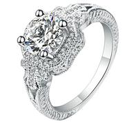 Stfery Anello da donna con zirconi, stile vintage, placcato in oro bianco, a quattro zampe, rotondo, alla moda, per cocktail, feste, regalo di compleanno, 57 (18.1), Zirconia cubica