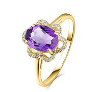 Stfery Anello da donna in oro 18 carati con ametista viola taglio ovale, anello di diamanti in vero oro, 63 (20.1), Metallo, Ametista Diamante