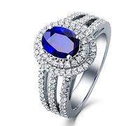 Stfery Anello da donna in oro bianco 18 carati Au750, anello di fidanzamento con zaffiro taglio ovale, anello di diamanti in vero oro, 12 (16,6), Metallo, Zaffiro Diamante
