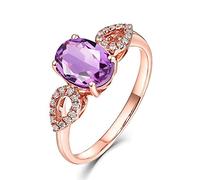 Stfery Anello da donna in oro rosa 18 carati con ametista viola taglio ovale, anello di diamanti vero oro, 47 (15.0), Metallo, Ametista Diamante