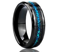 Stfery Anello da uomo in acciaio al tungsteno con cielo stellato, opale nero e intarsio in cristallo nero, 8 mm, per lui, R 1/2, Metallo, Non pietra preziosa