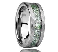 Stfery Anello da uomo in acciaio al tungsteno martellato con pietra di giacinto d'acqua verde argento intarsio anello 8 mm per lui, N 1/2, Metallo, Non pietra preziosa