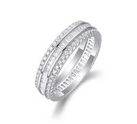 Stfery Anello nuziale Eternity in oro bianco 18 carati, con pavé di moissanite e baguette, anello a tre file personalizzato da donna, 6.5, Metallo, Moissanite