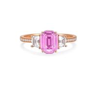 Stfery Anello nuziale in oro rosa 9 K/14 K/18 K in zaffiro rosa sintetico, classico anello con tre pietre da donna con zaffiro rosa coltivato in laboratorio da 1 ct e oro reale moissanite
